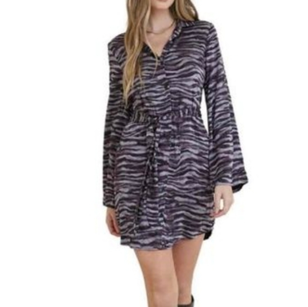 Bella Dahl Mini Button Front Shirt Dress XS Painted Zebra Print Smocked Back